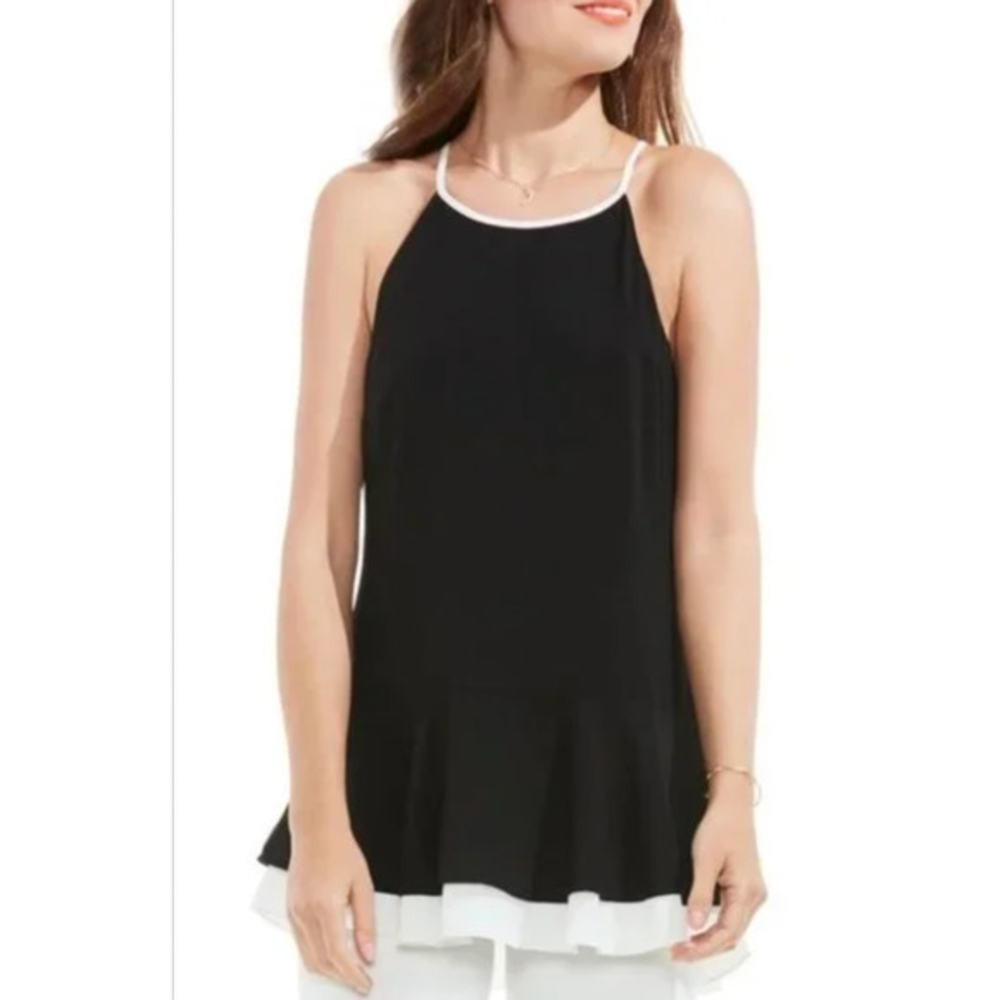 EUC VINCE CAMUTO Size Large Black‎ Sleeveless Halter White Ruffle Trim Top